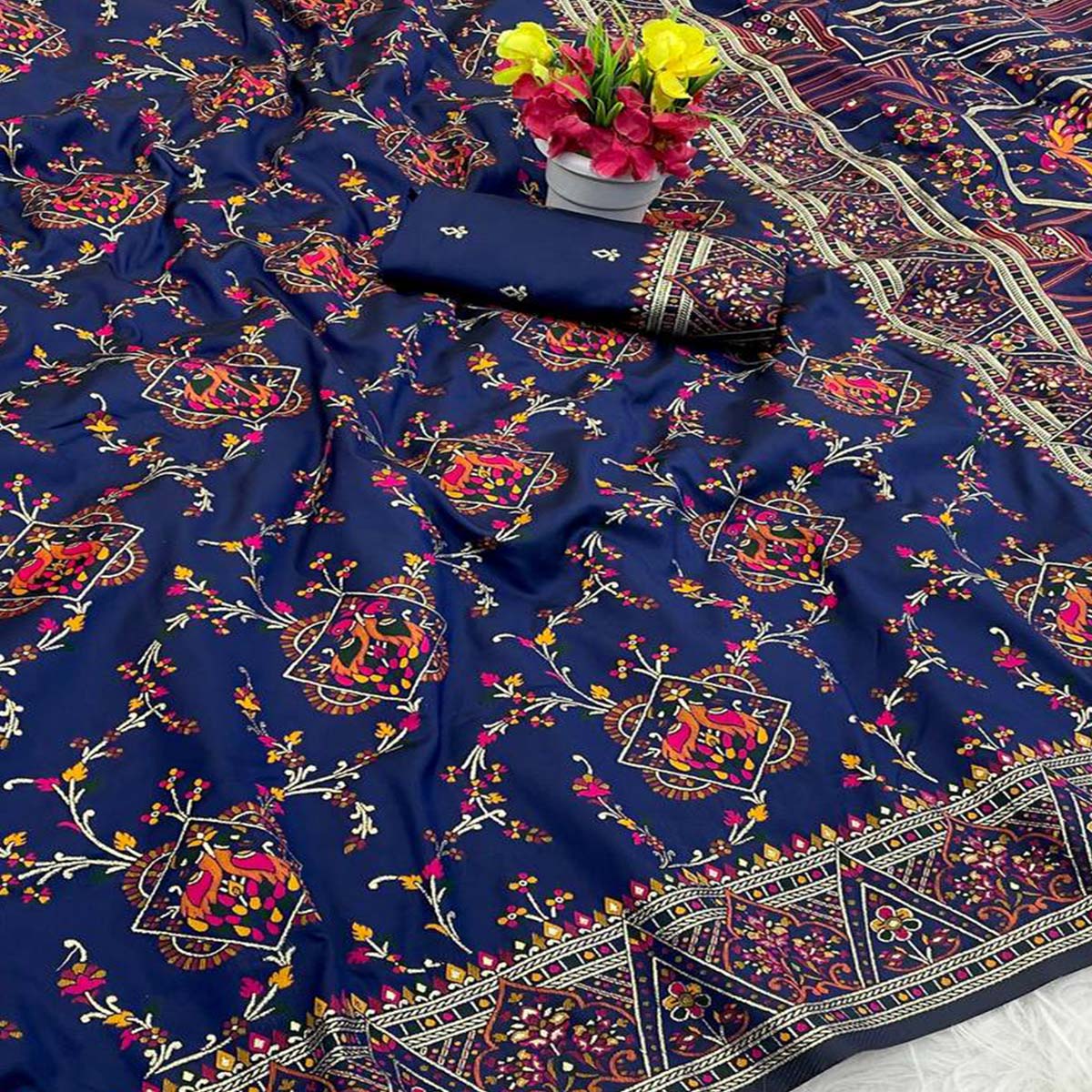 Blue Traditional Rajwadi Weaving Pashmina Silk Saree With Kashmiri Pallu & Elegant Zari Border