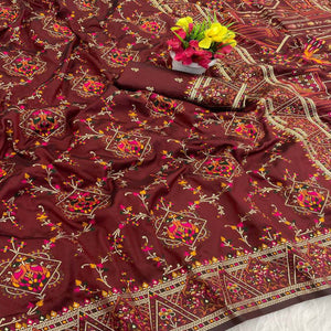 Brown Traditional Rajwadi Weaving Pashmina Silk Saree With Kashmiri Pallu & Elegant Zari Border