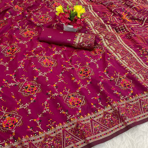 Pink Traditional Rajwadi Weaving Pashmina Silk Saree With Kashmiri Pallu & Elegant Zari Border