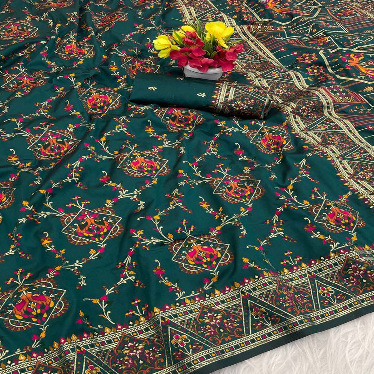 Teal Traditional Rajwadi Weaving Pashmina Silk Saree With Kashmiri Pallu & Elegant Zari Border