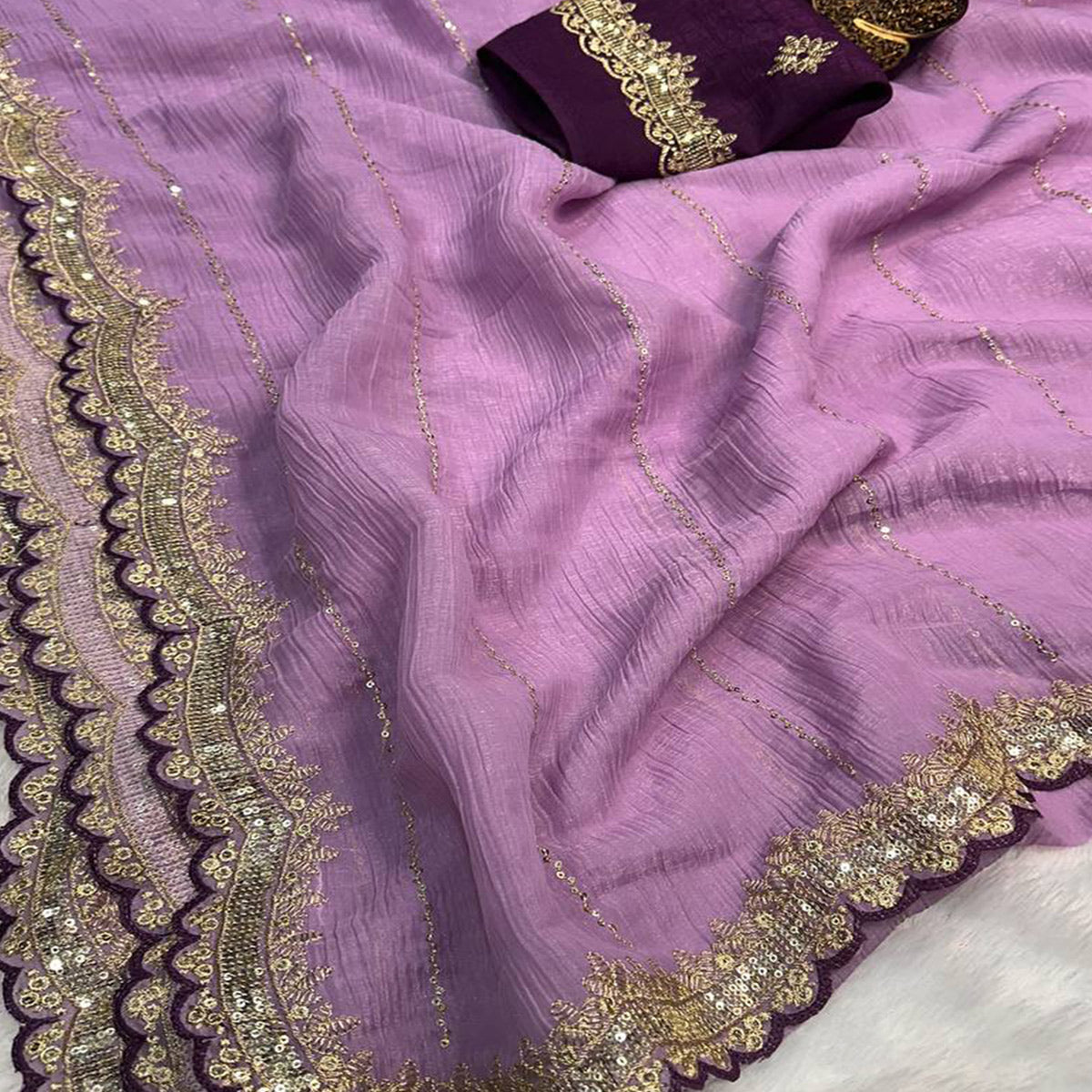 Purple Sequins Embroidered Tussar silk Saree