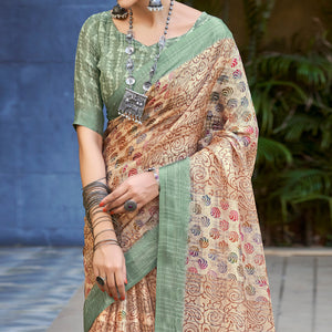 Beige Abstract Digital Printed Linen Saree