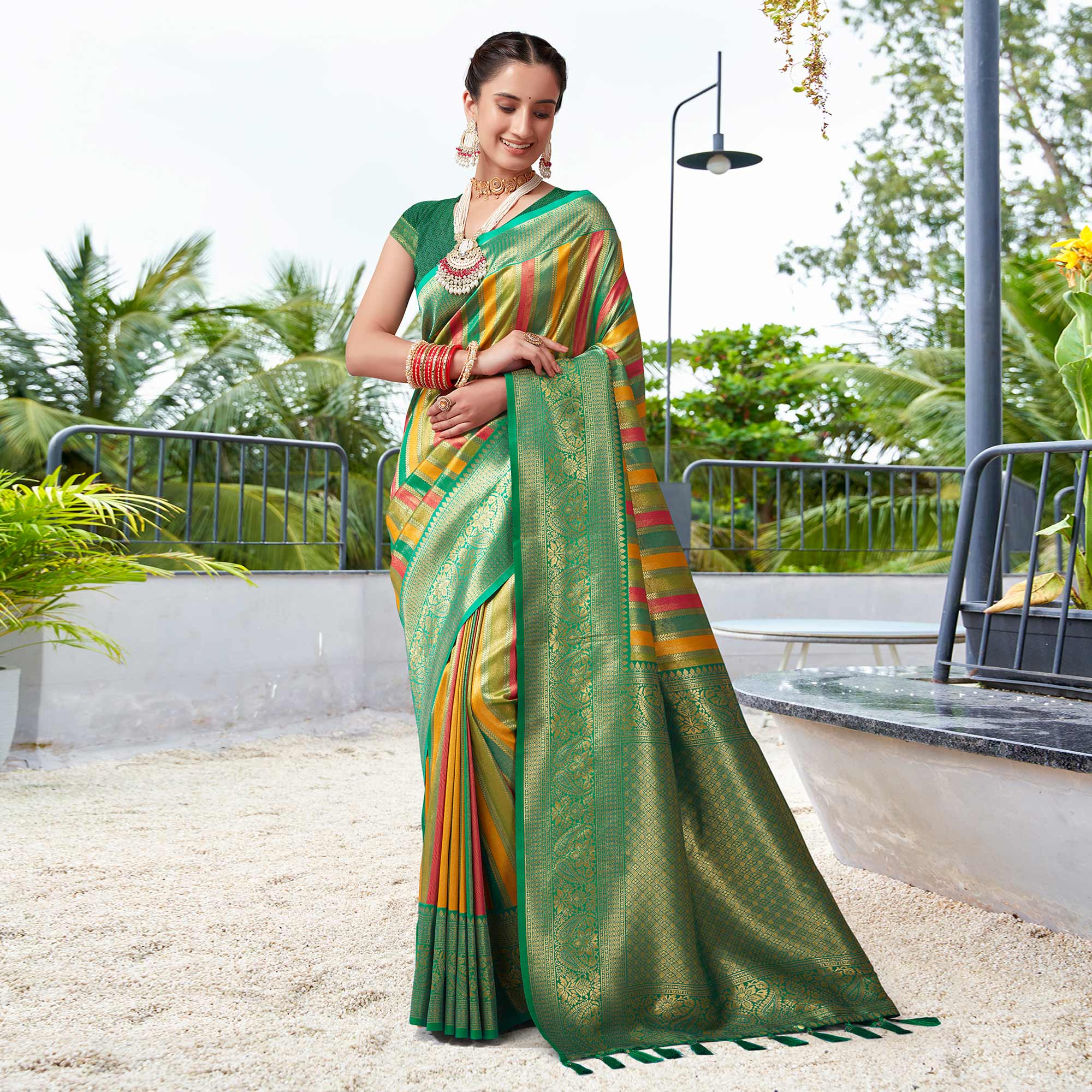 Green Floral Woven Kanjivaram Silk Saree