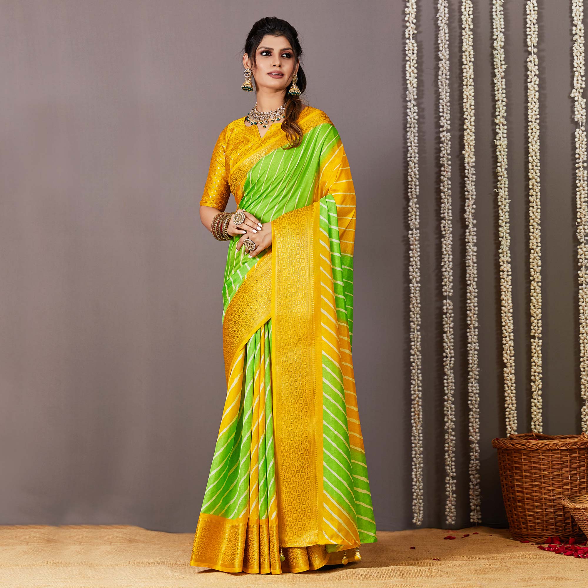 Green & Yellow Printed Dola Silk Saree With Zari Border