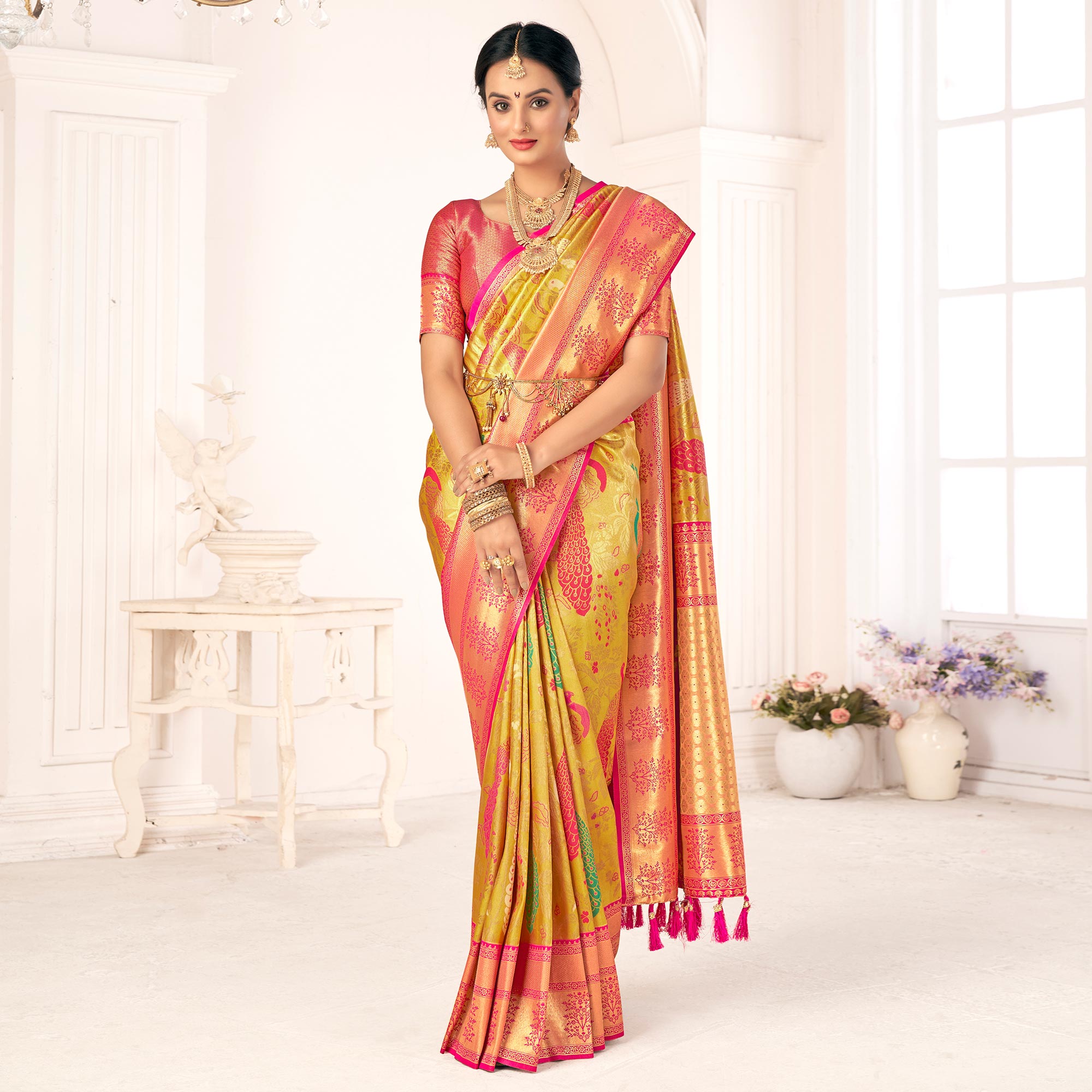Yellow Woven Pure Silk Saree With Tassels