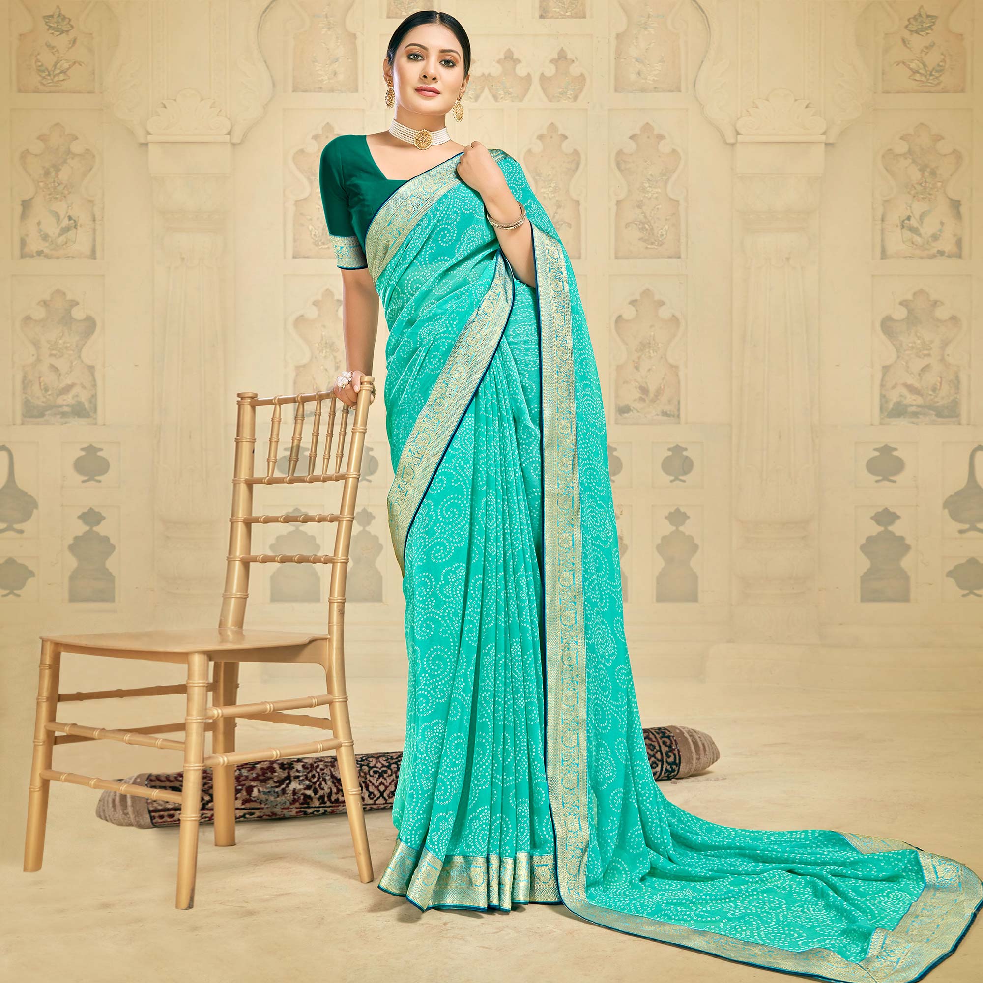 Turquoise Bandhani Printed Georgette Saree