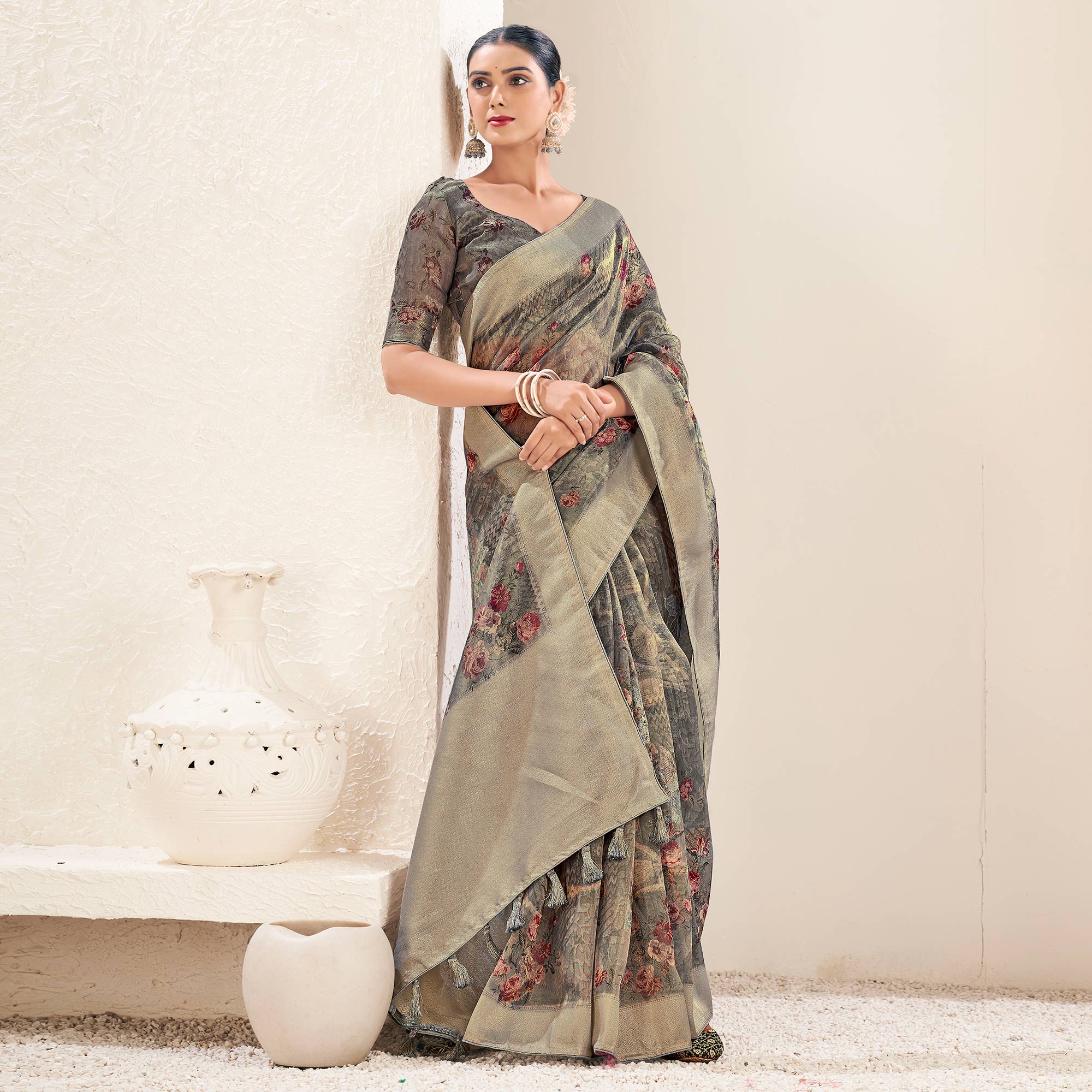 Grey Floral Digital Printed Tissue Saree With Tassels