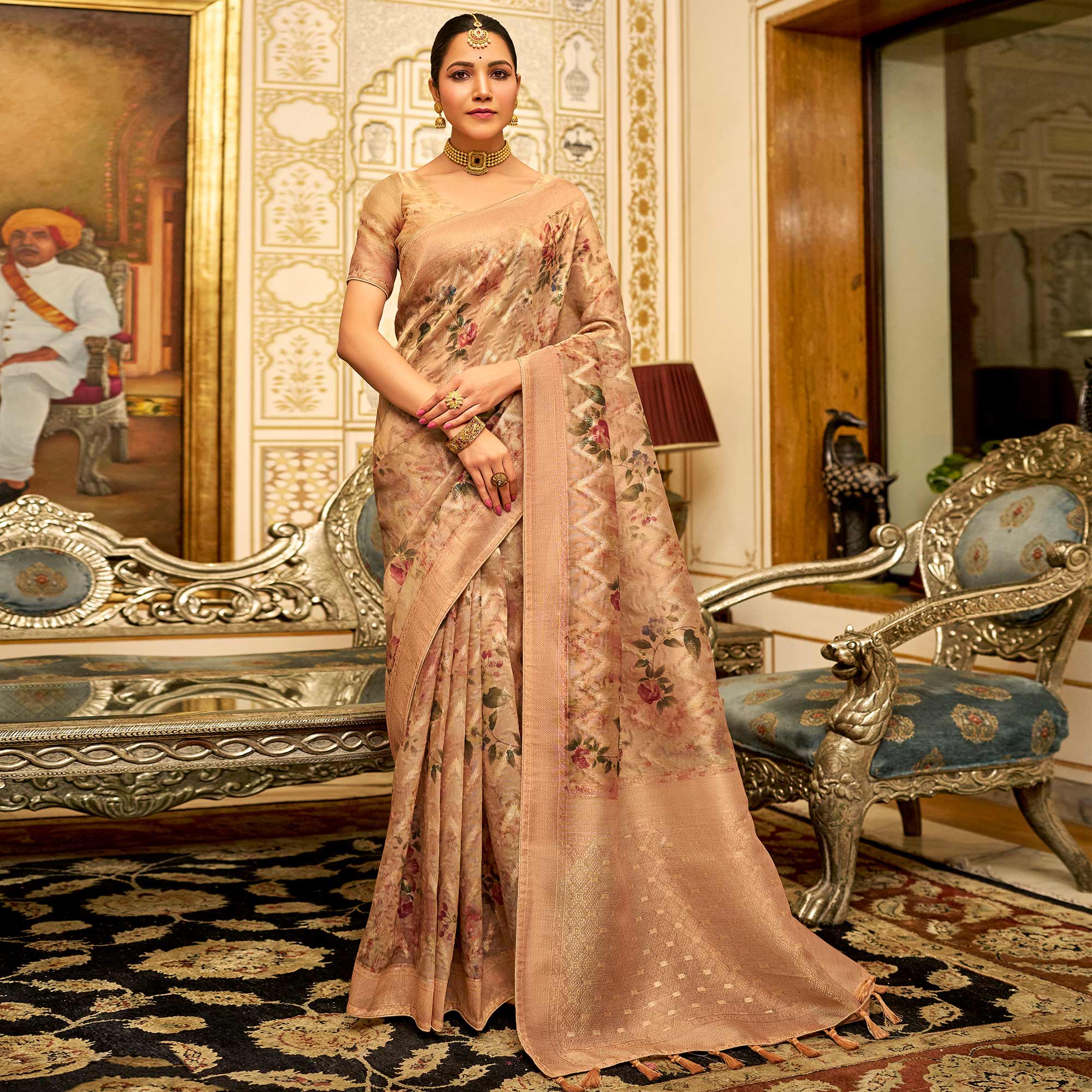 Beige Floral Digital Printed Tissue Saree With Tassels