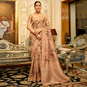 Beige Floral Digital Printed Tissue Saree With Tassels
