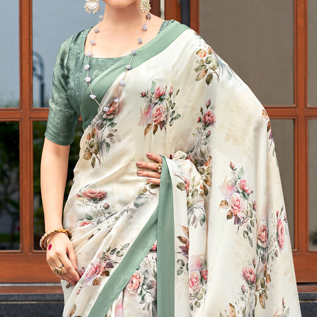 White Floral Digital Printed Satin Saree
