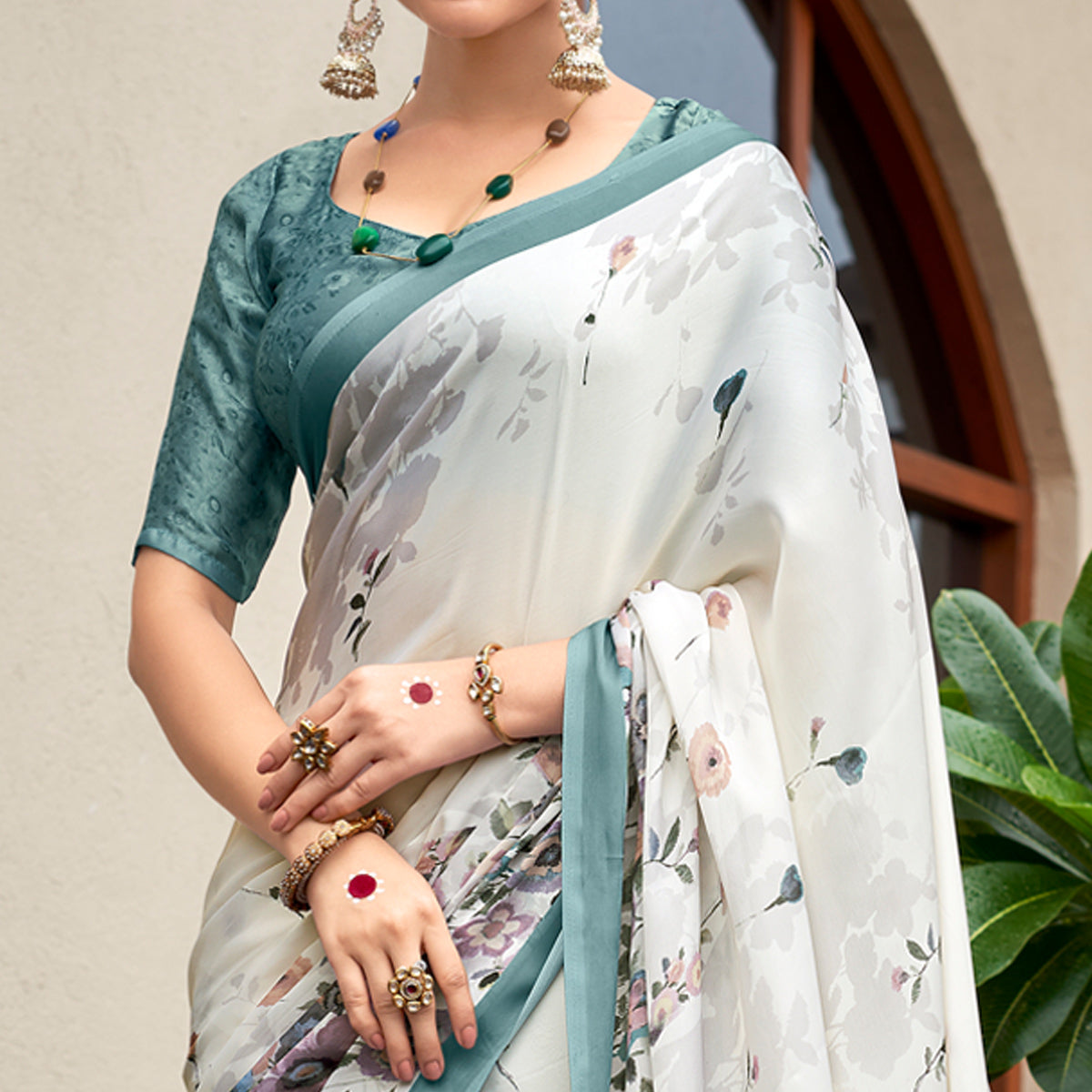 White Floral Digital Printed Satin Saree