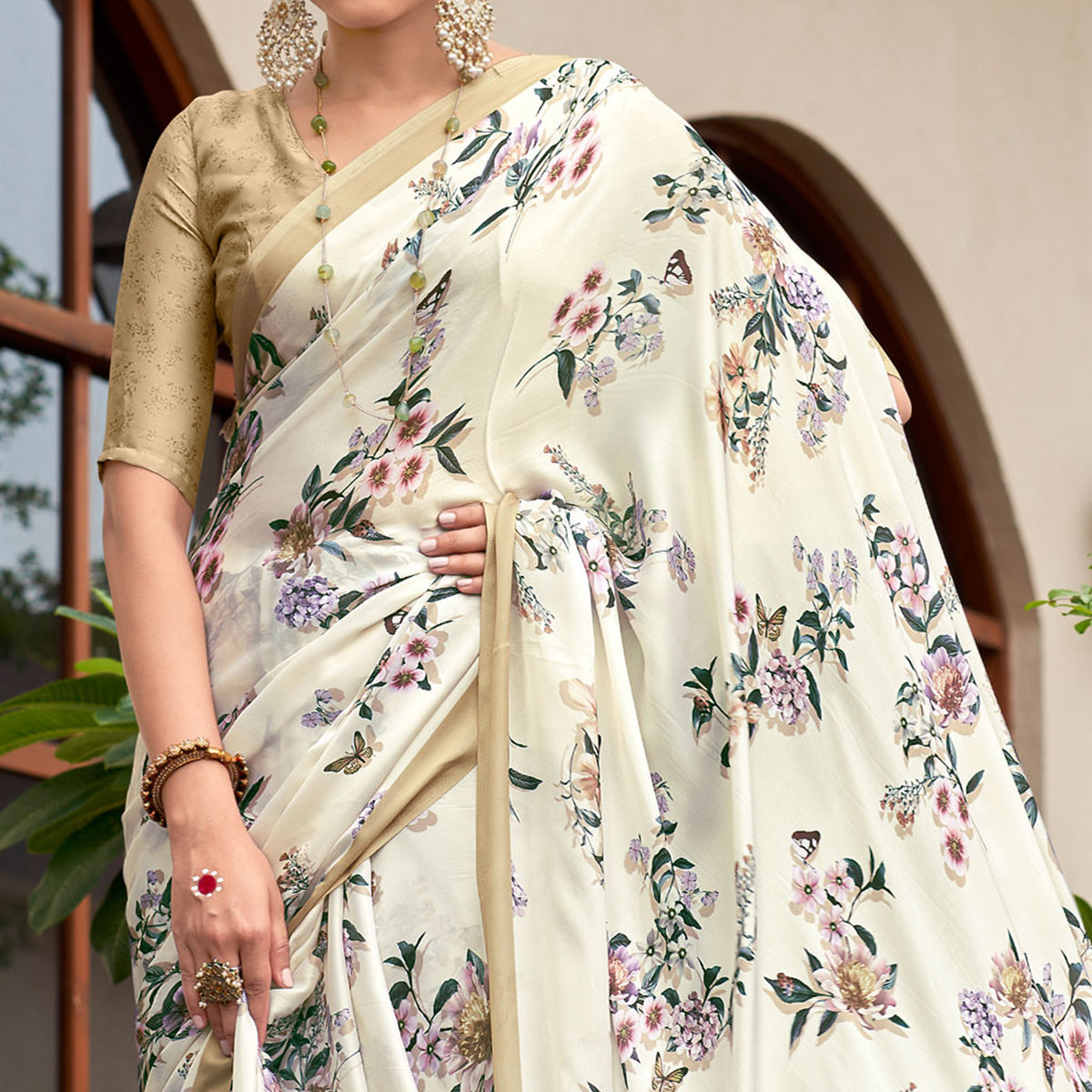 White Floral Digital Printed Satin Saree