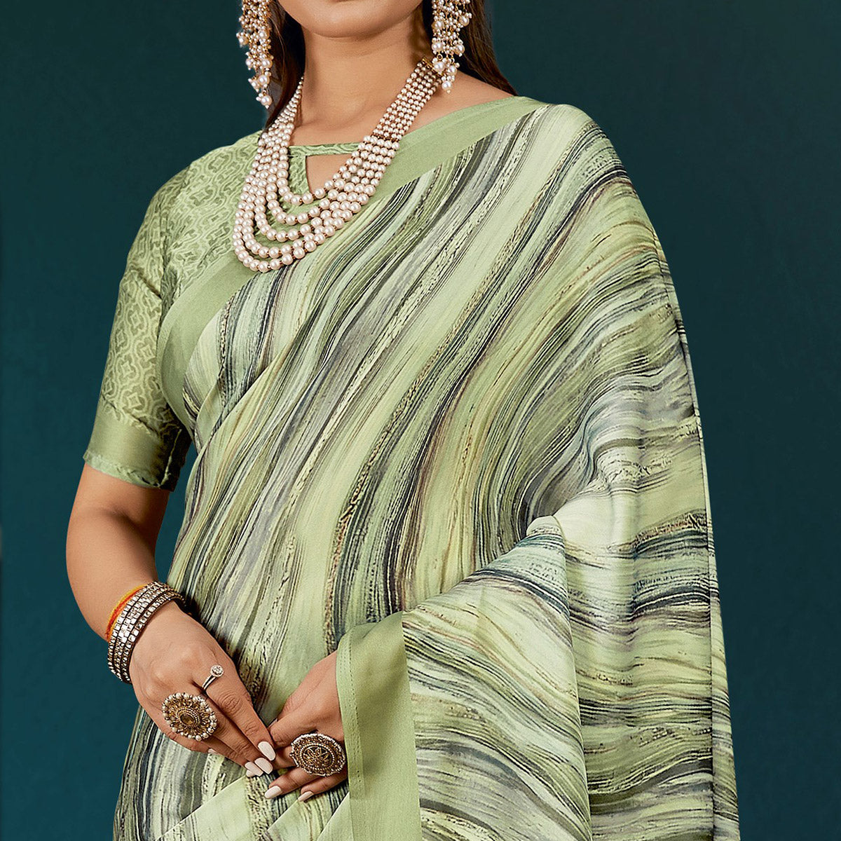 Green Digital Printed Satin Saree