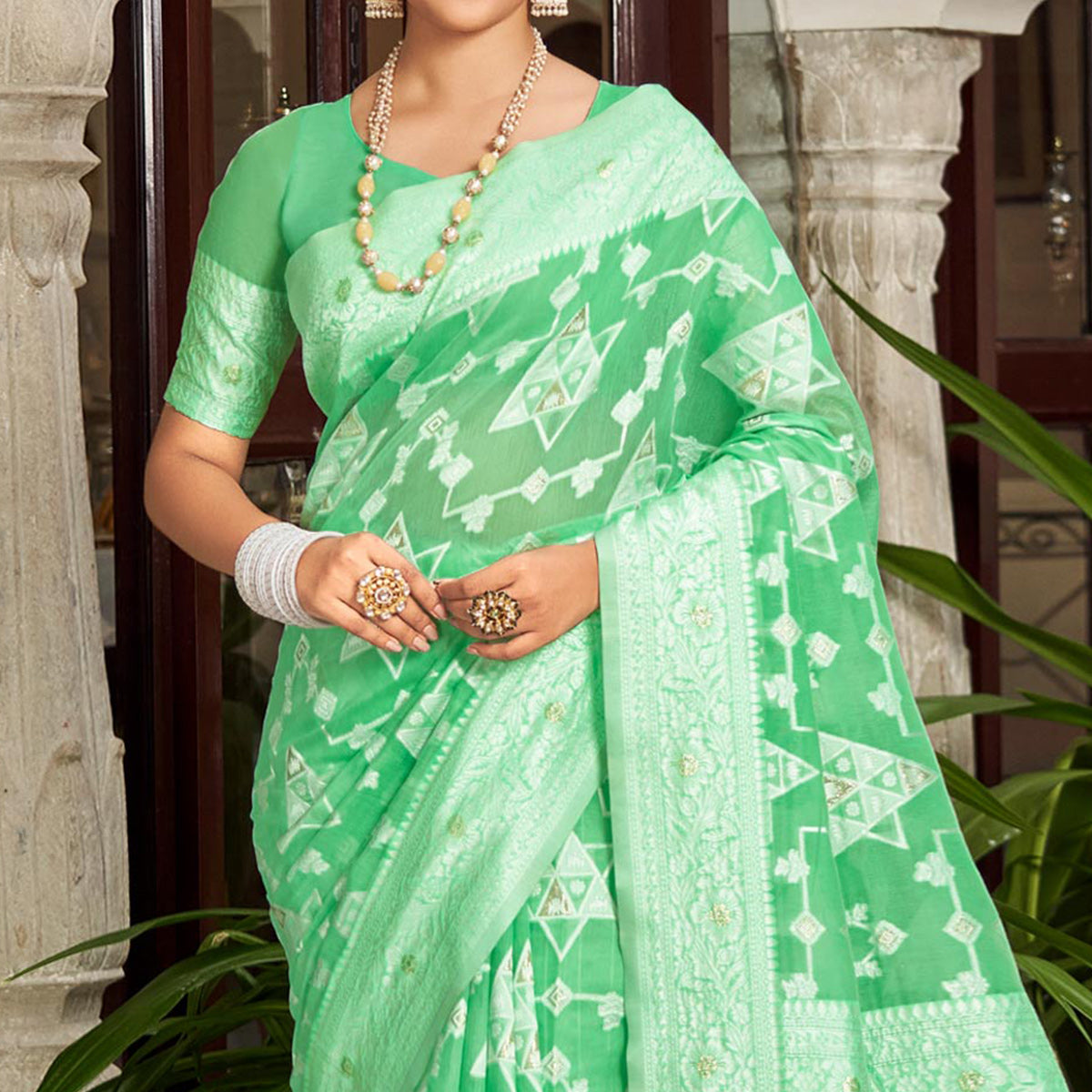Green Woven Cotton Silk Saree With Tassels