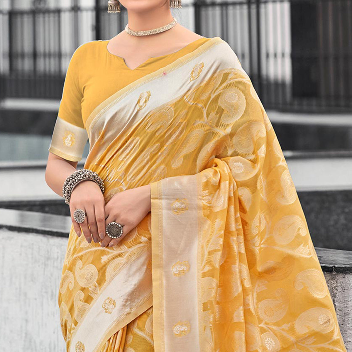 Yellow Woven Cotton Silk Saree With Tassels