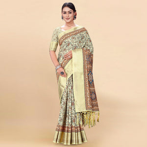 Light Yellow Floral Digital Printed Pure Cotton Saree