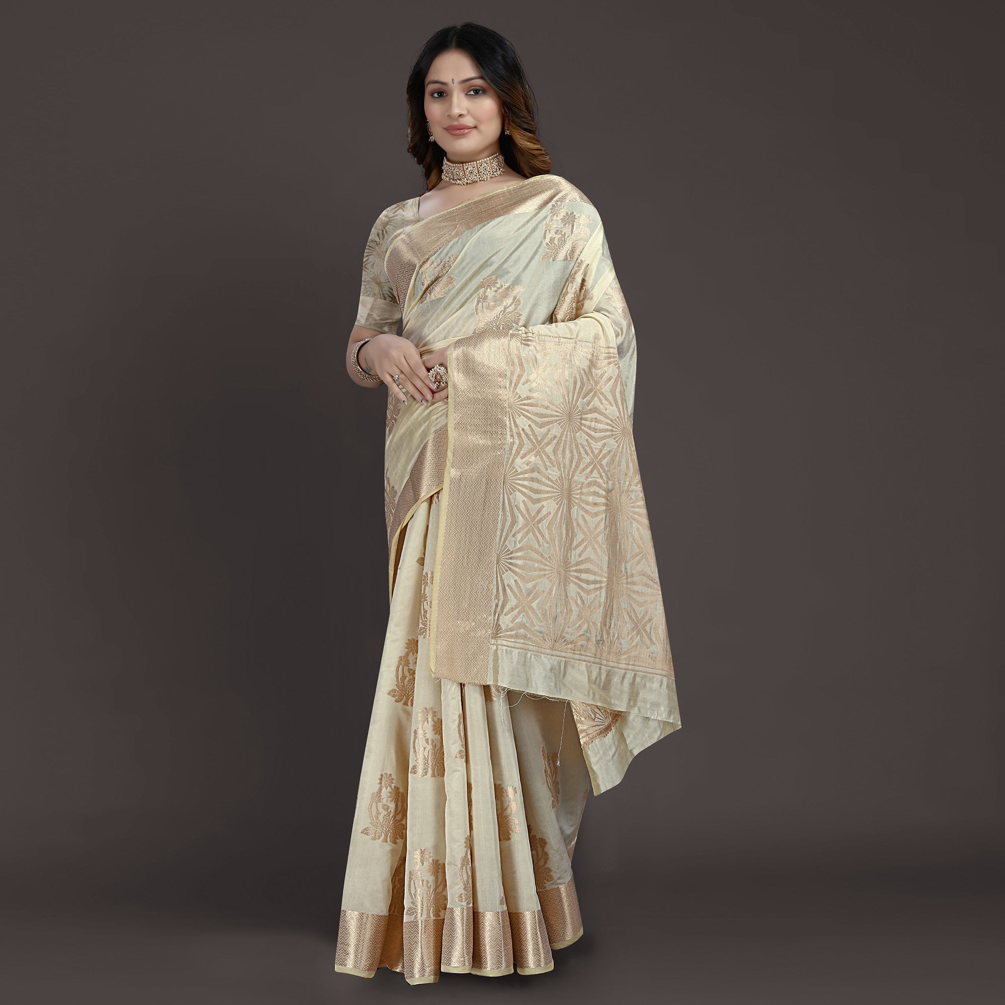 Cream Floral Woven Raw Silk Saree