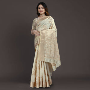 Cream Floral Woven Raw Silk Saree