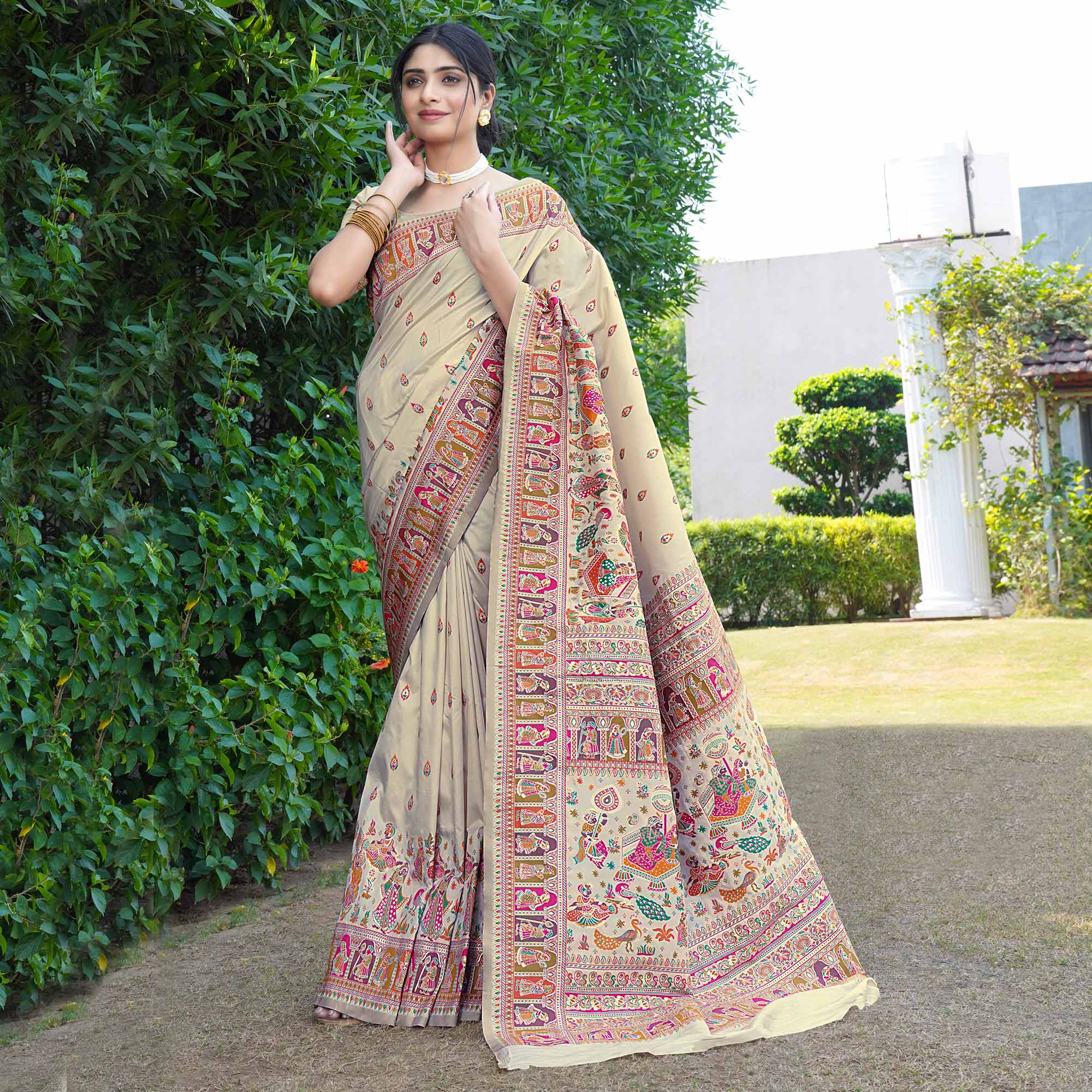 Cream Woven Pure Silk Saree