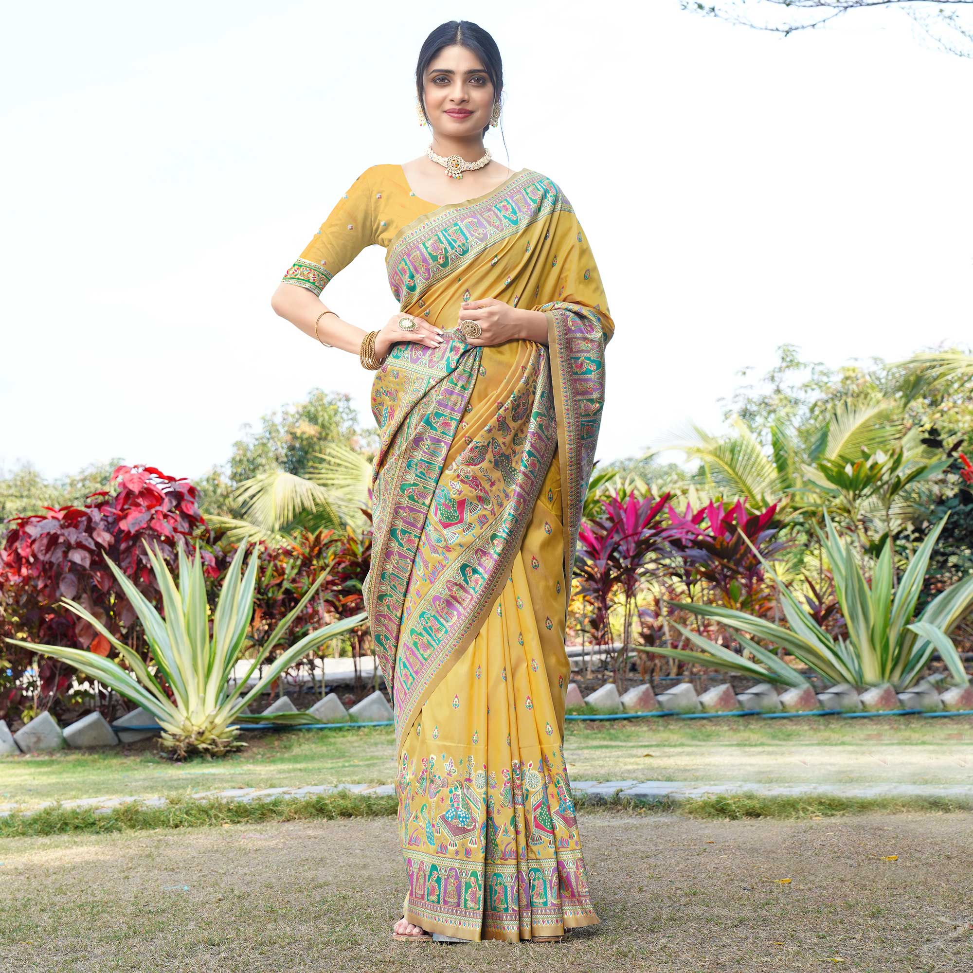 Mustard Woven Pure Silk Saree