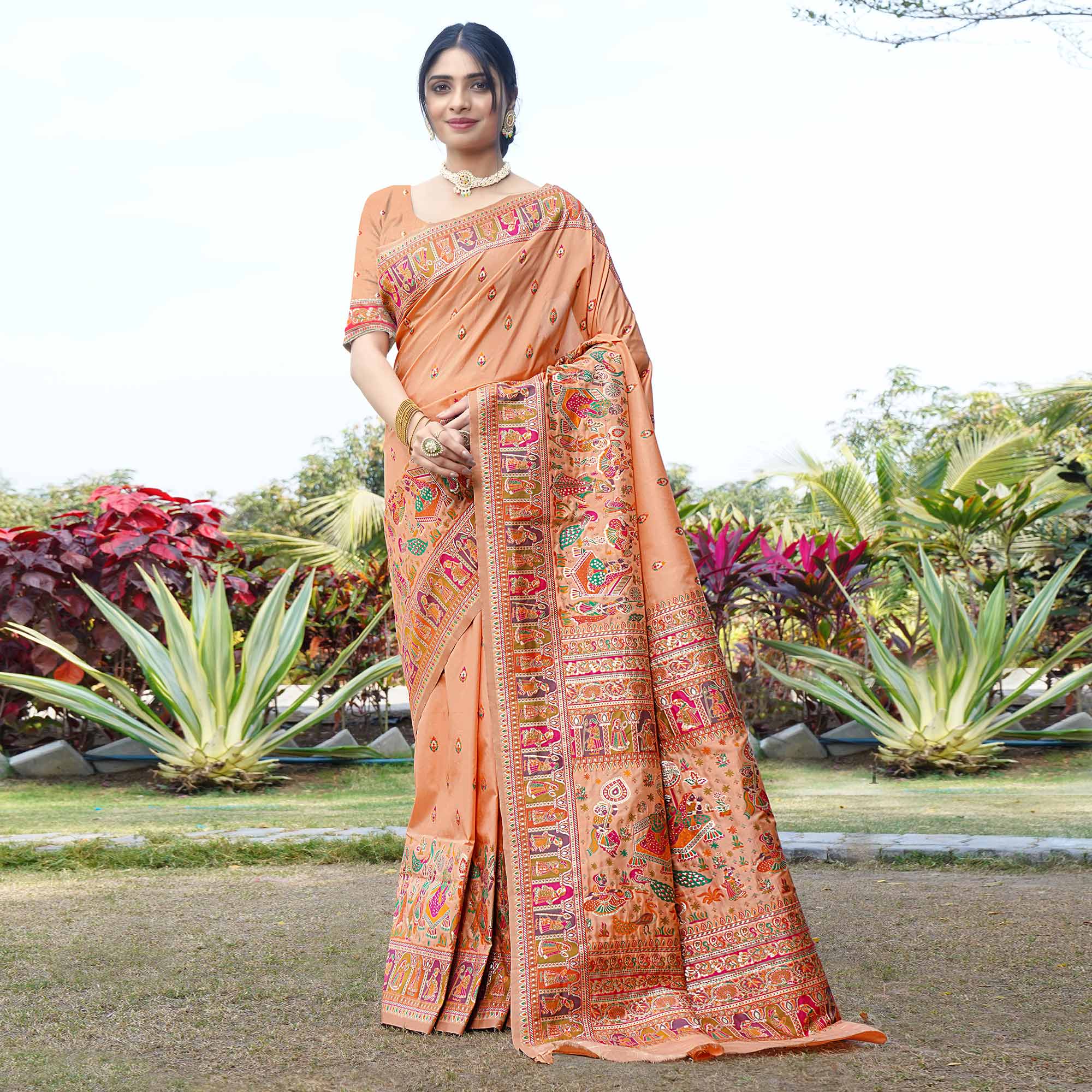 Peach Woven Pure Silk Saree