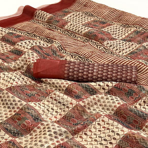 Cream & Rust Digital Printed Cotton Blend Saree
