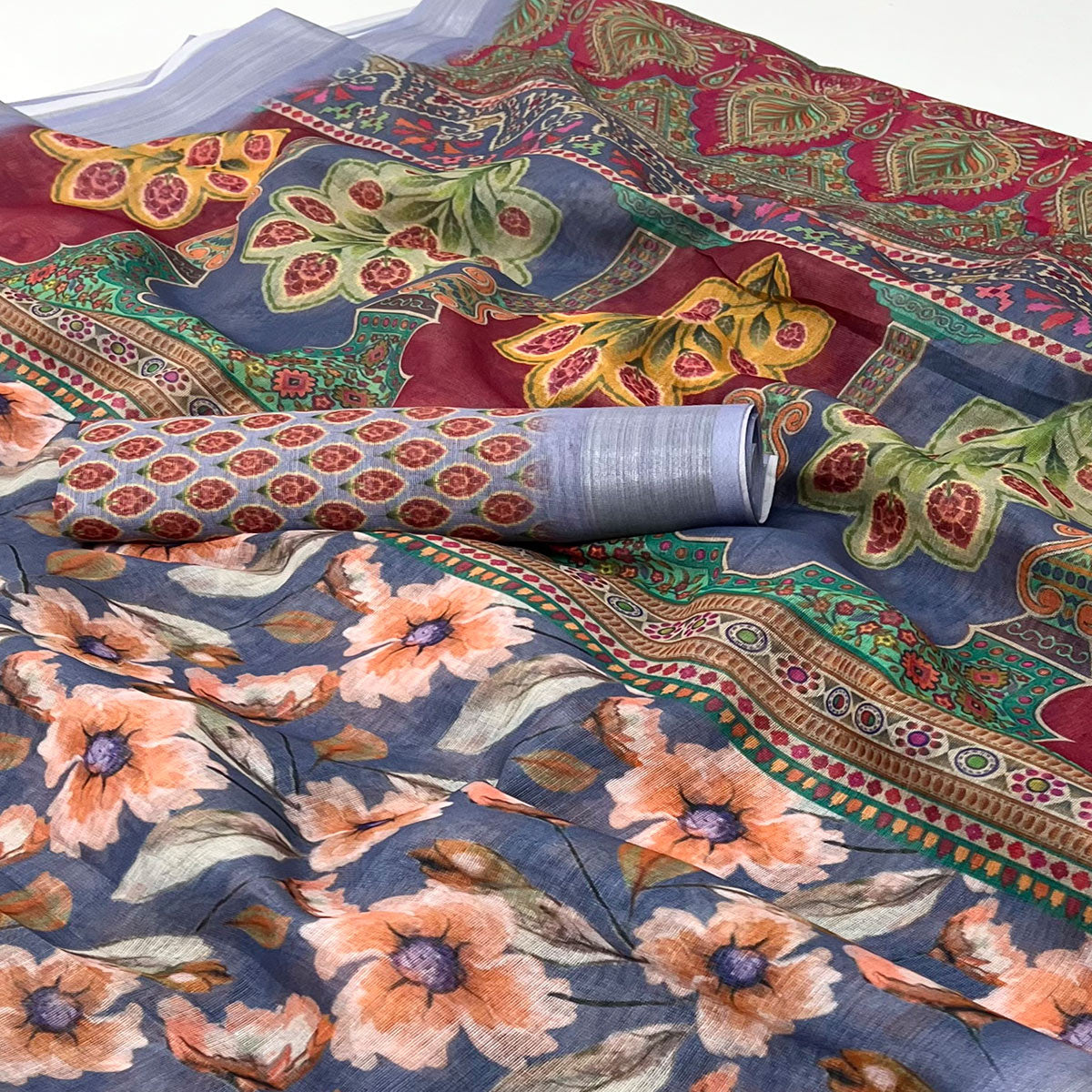 Grey Floral Digital Printed Linen Saree