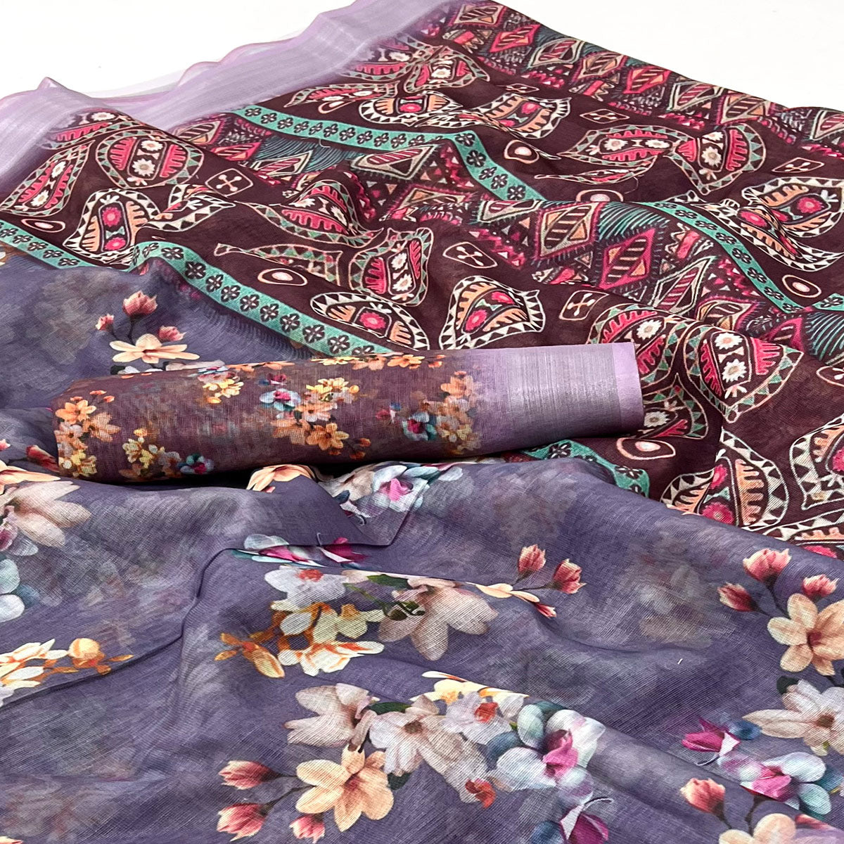 Purple Floral Digital Printed Linen Saree