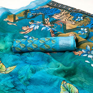Blue Floral Digital Printed Linen Saree