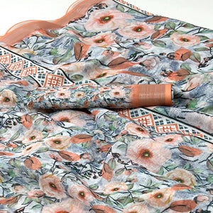 Light Orange Floral Digital Printed Linen Saree