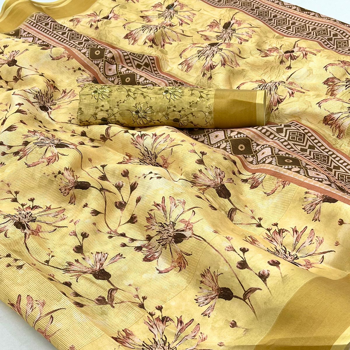 Yellow Floral Digital Printed Cotton Blend Saree