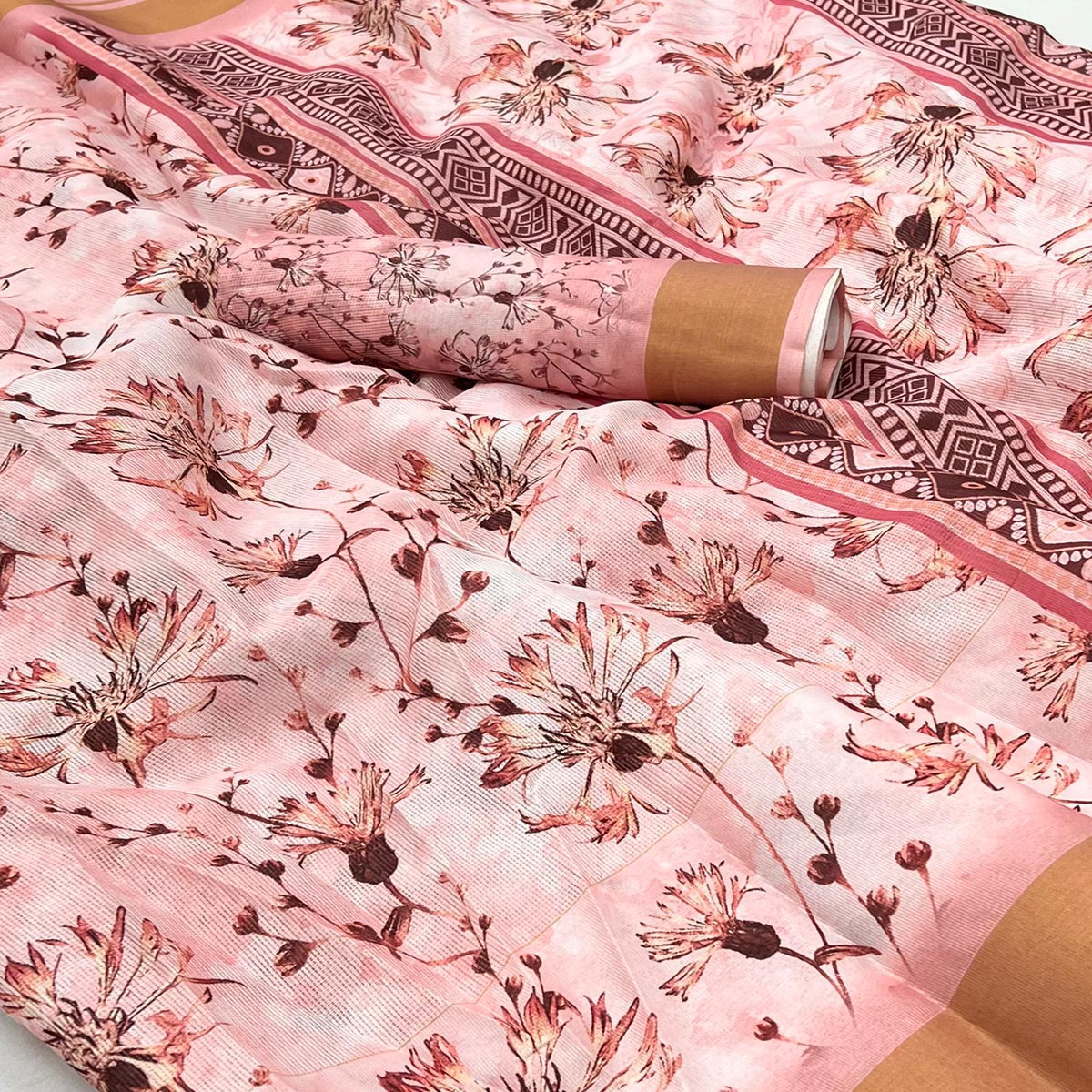 Pink Floral Digital Printed Cotton Blend Saree