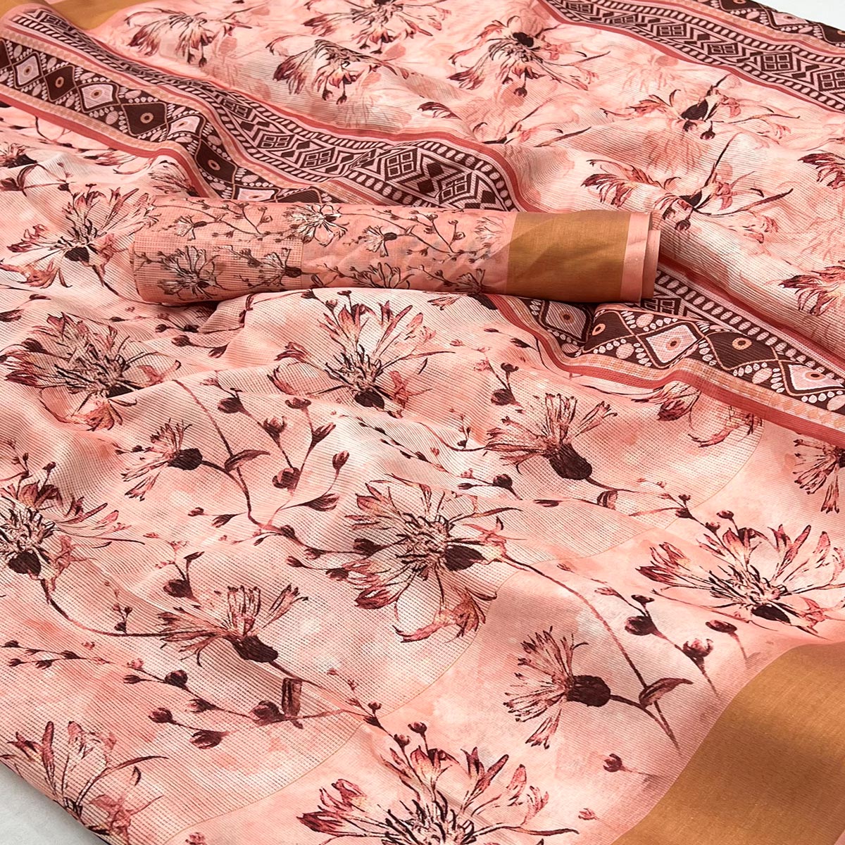 Peach Floral Digital Printed Cotton Blend Saree