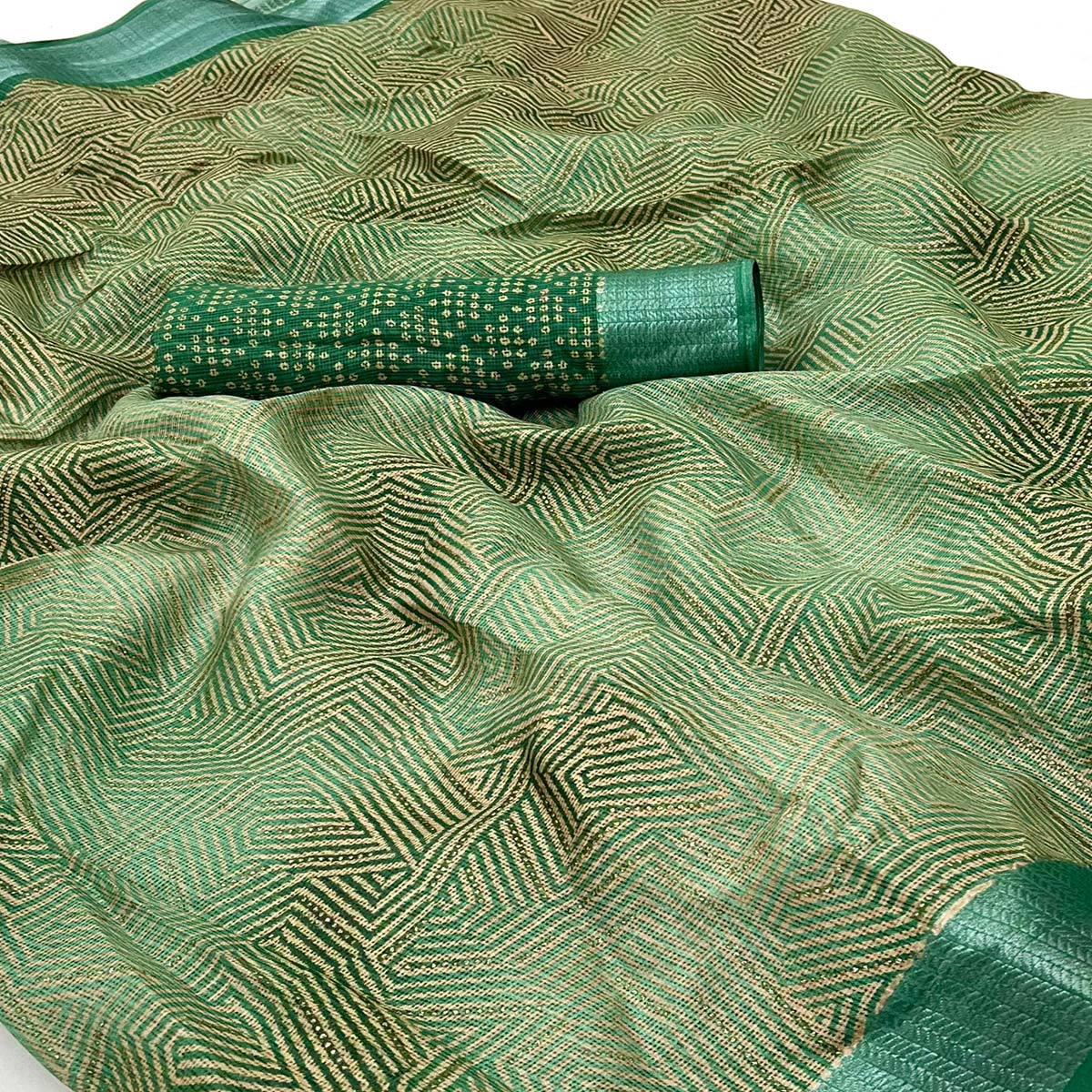 Green Foil Printed Kota Doria Saree