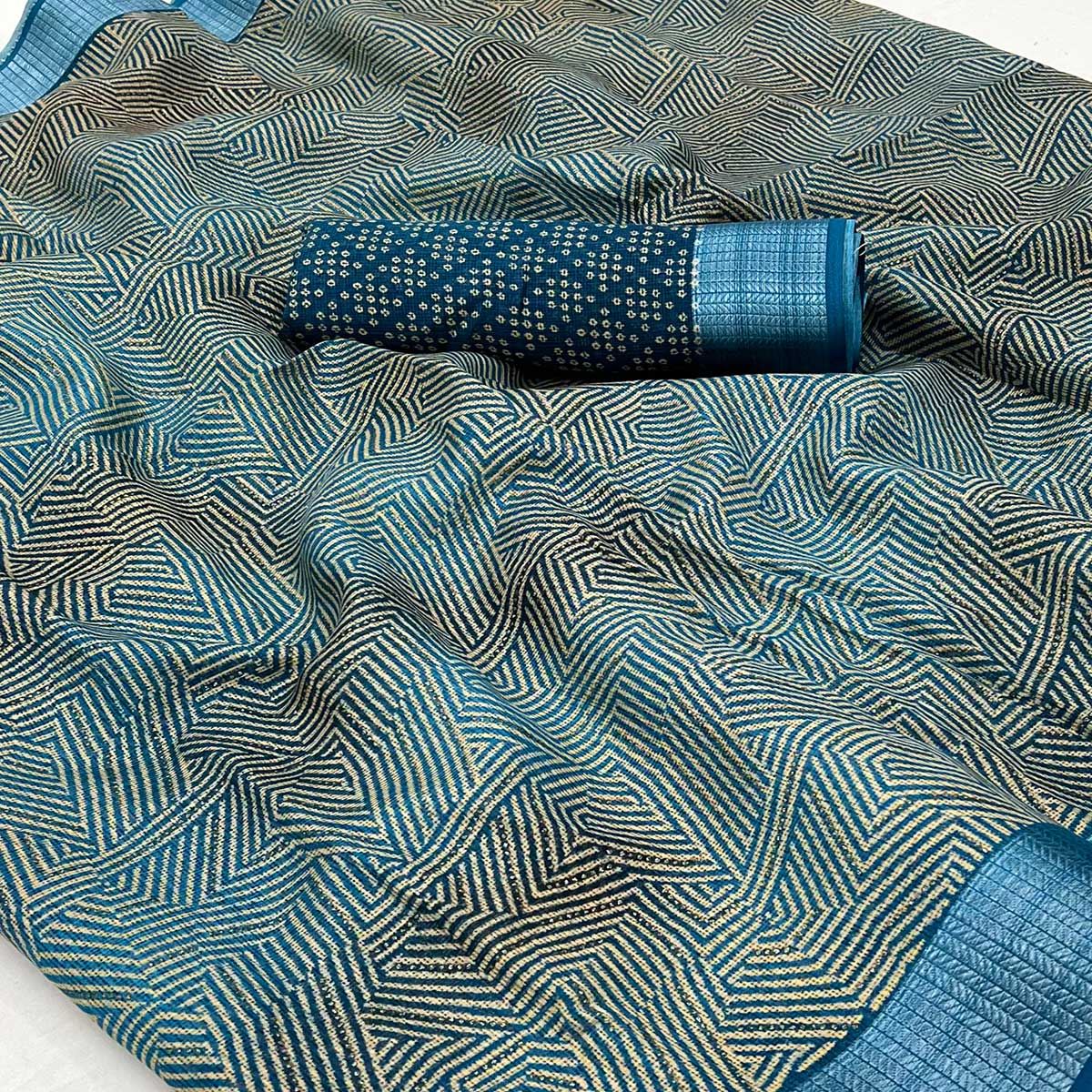 Blue Foil Printed Kota Doria Saree