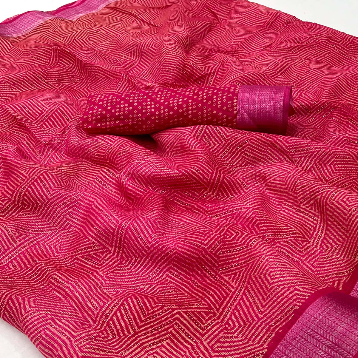 Rani Pink Foil Printed Kota Doria Saree