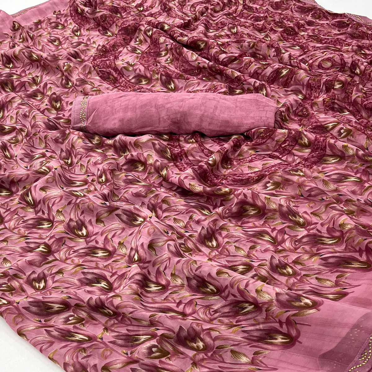 Pink Floral Printed Georgette Saree