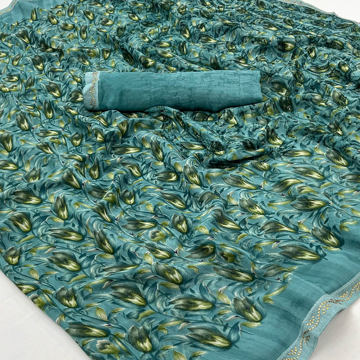 Teal Floral Printed Georgette Saree
