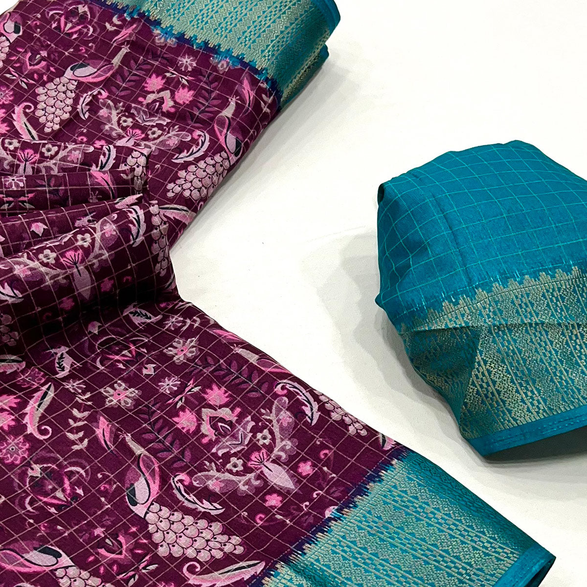 Wine Floral Printed Dola Silk Saree With Woven Border