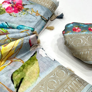Grey Digital Printed Dola Silk Saree With Woven Border