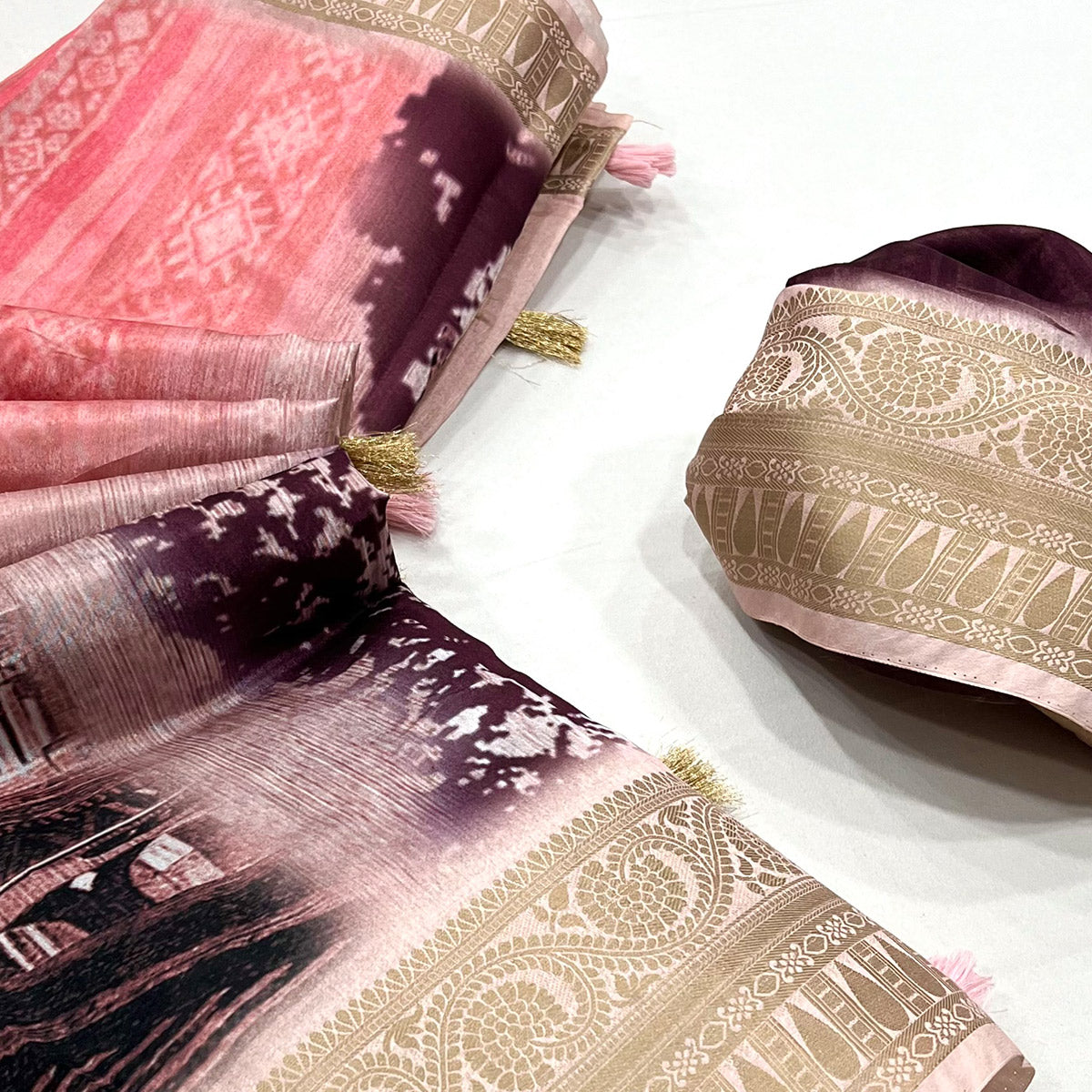 Pink & Wine Digital Printed Dola Silk Saree With Woven Border