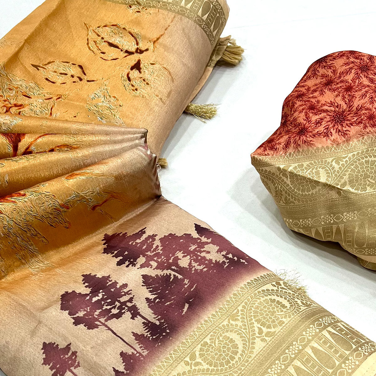 Cream Digital Printed Dola Silk Saree With Woven Border