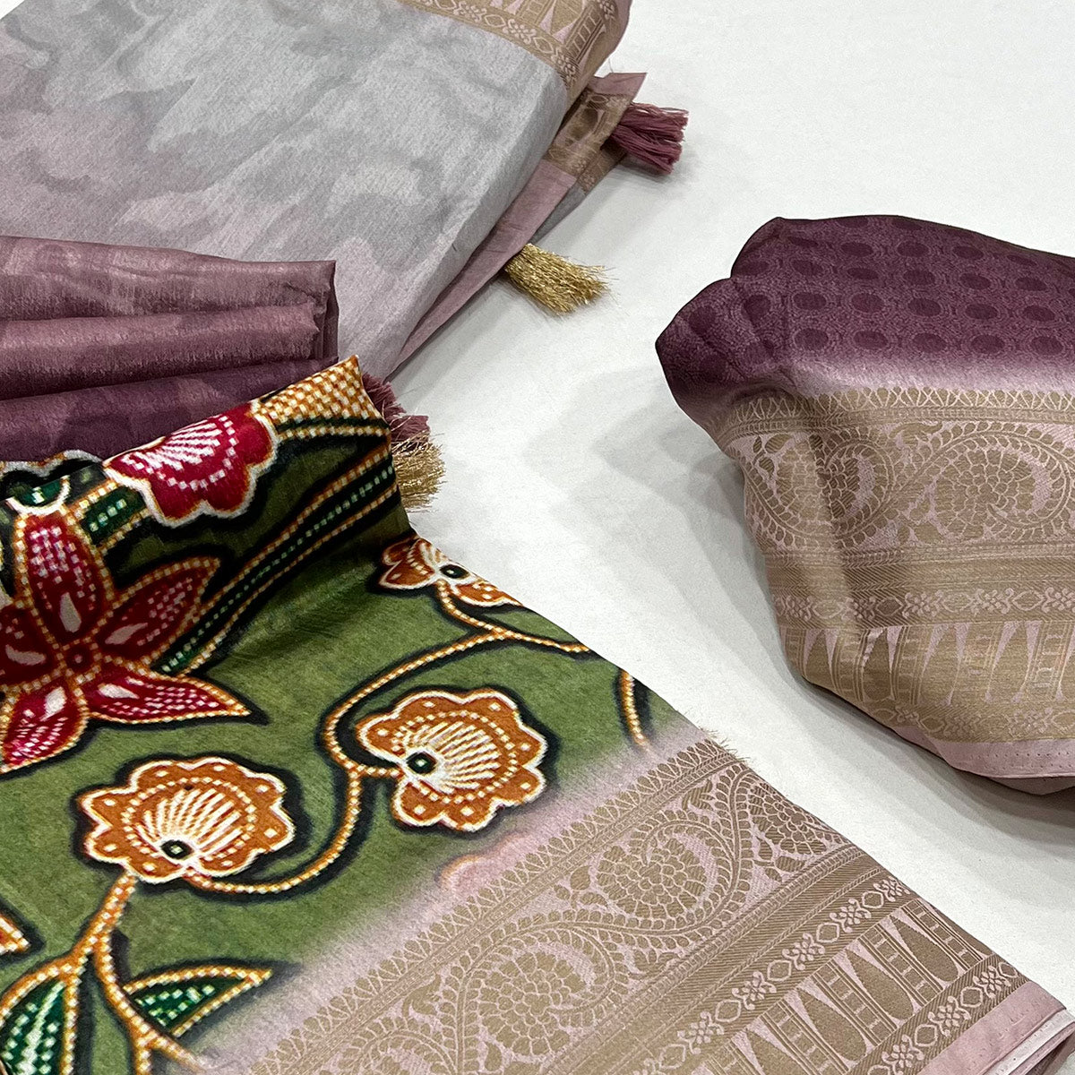 Purple & Green Digital Printed Dola Silk Saree With Woven Border