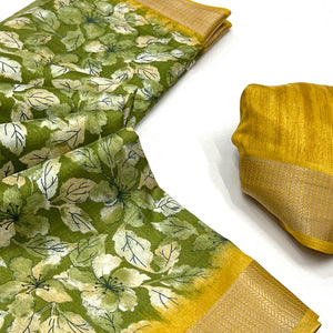Green Floral Printed Dola Silk Saree With Woven Border