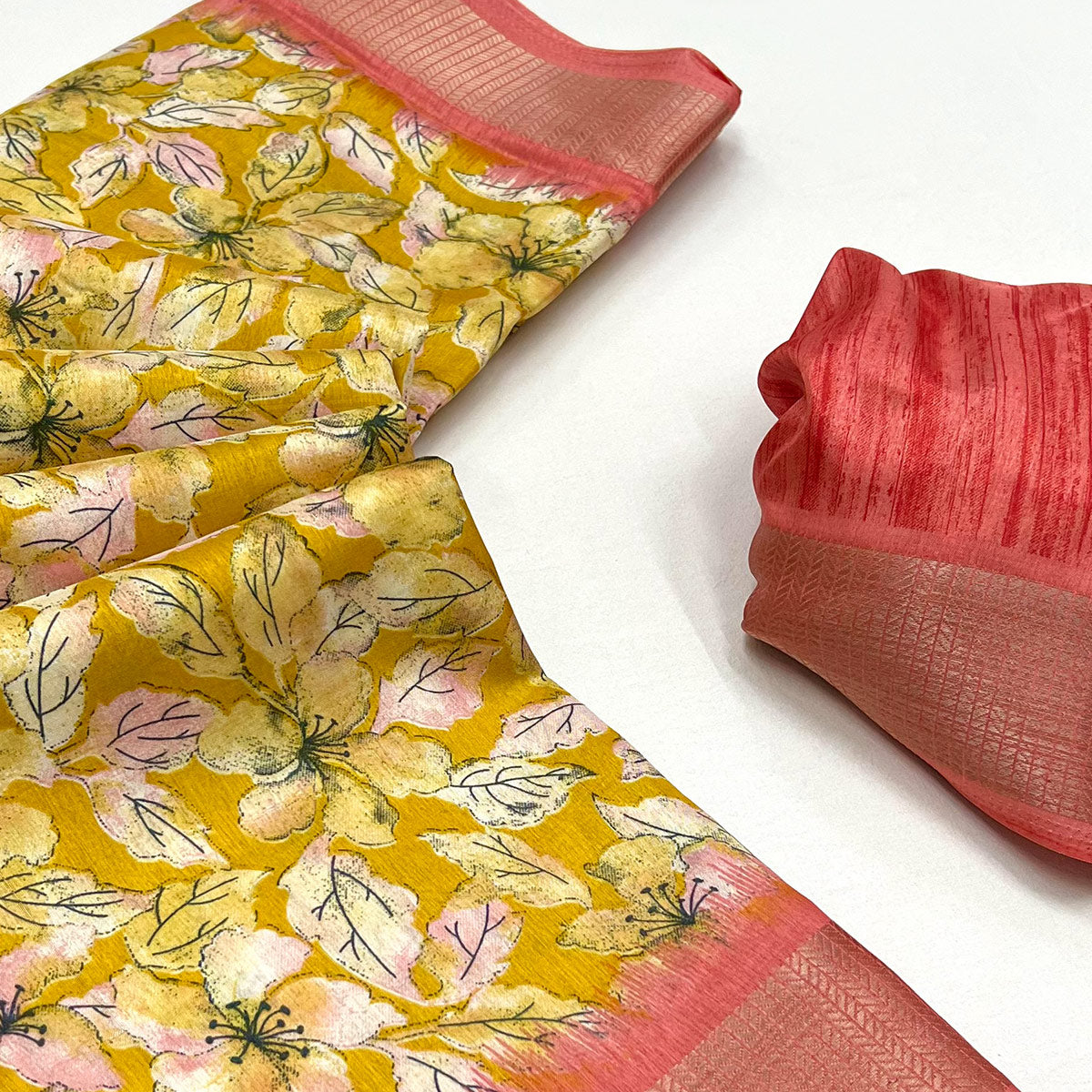 1Yellow Floral Printed Dola Silk Saree With Woven Border