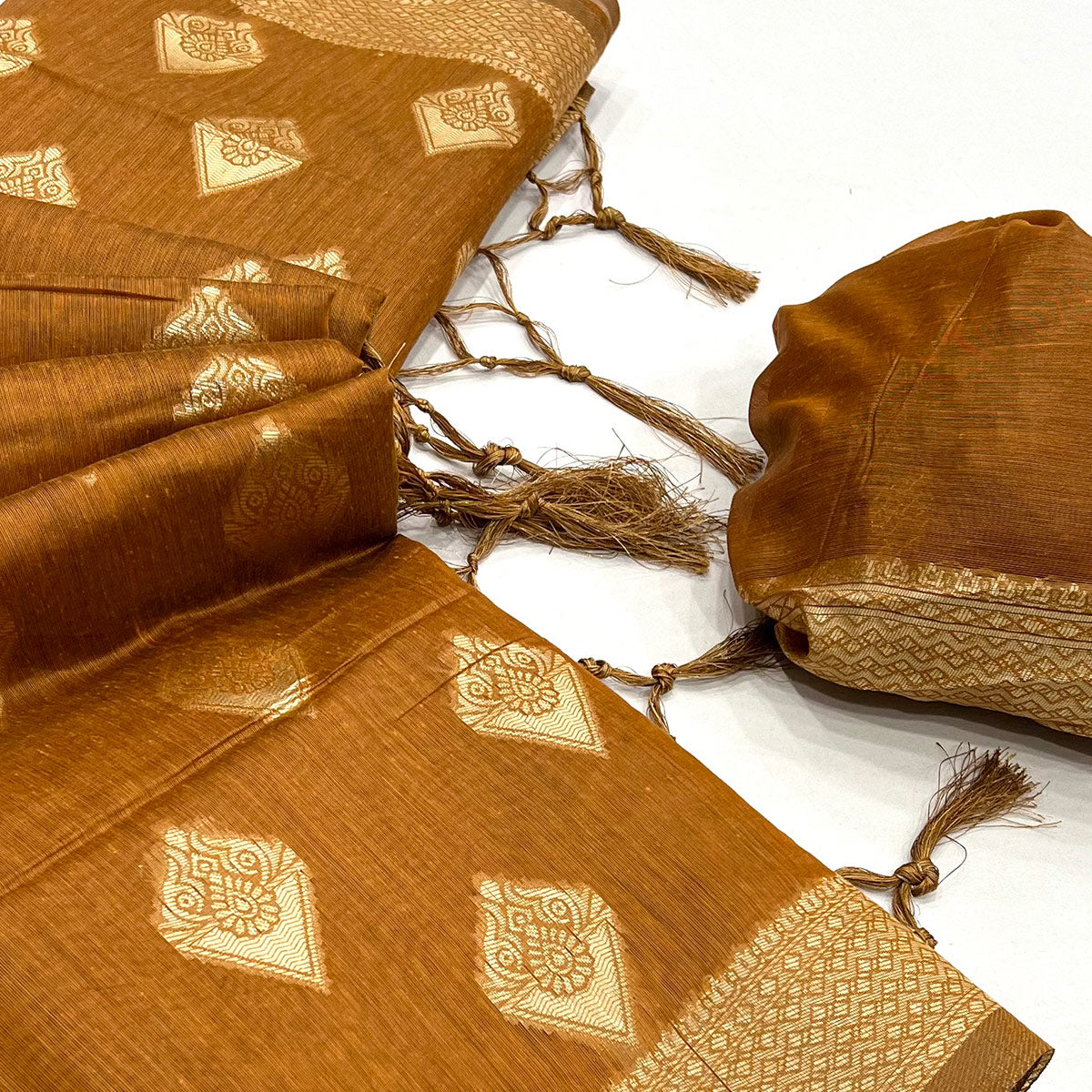 Mustard Woven Cotton Blend Saree With Tassels