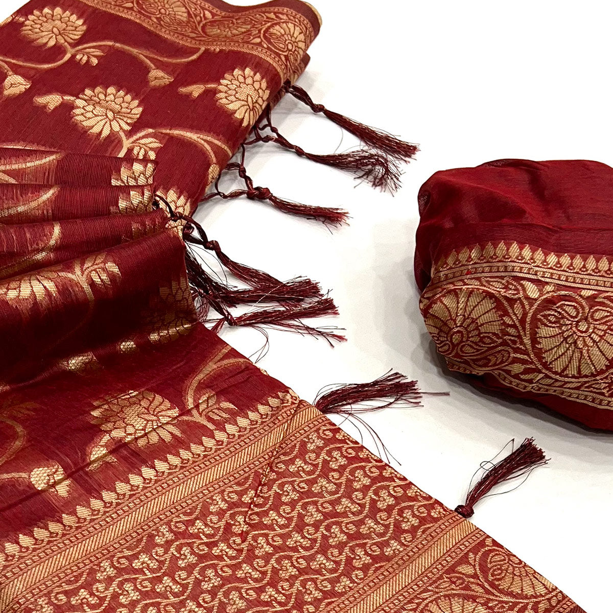 Red Floral Woven Cotton Blend Saree With Tassels