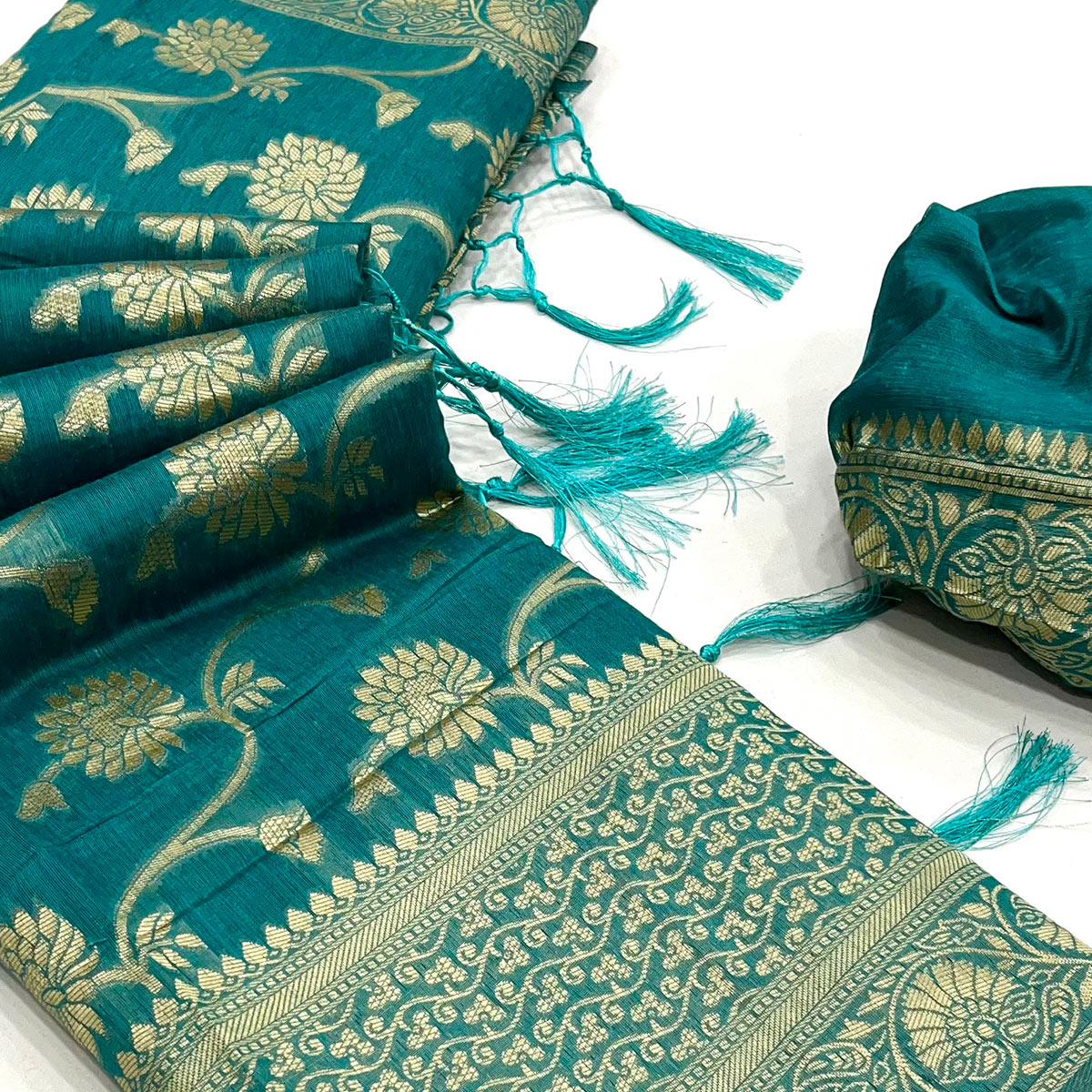 Teal Floral Woven Cotton Blend Saree With Tassels
