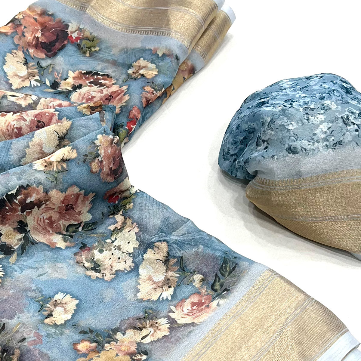 Sky Blue Floral Digital Printed Georgette Saree With Zari Border