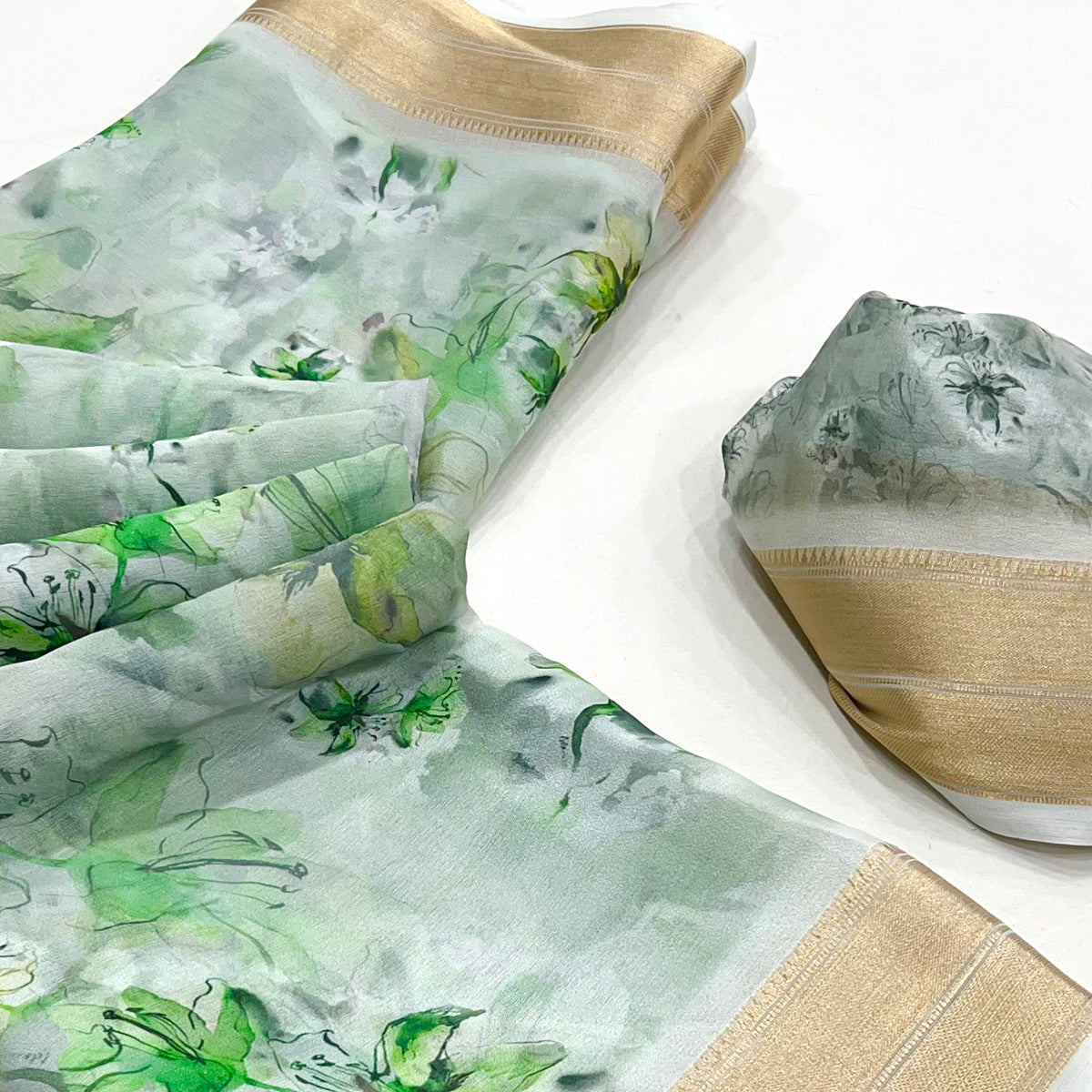 Green Floral Digital Printed Georgette Saree With Zari Border